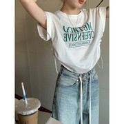 美式辣妹正肩短袖t恤女夏季2023抽绳设计感宽松显瘦短款上衣