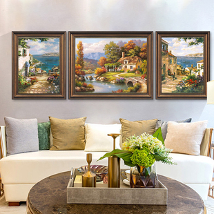 美式客厅装饰画沙发背景墙三联画大气挂画田园风景仿油画欧式壁画