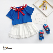 女童海军风套装裙夏季短袖，上衣洋气日系学院儿童雪纺半身裙两件套