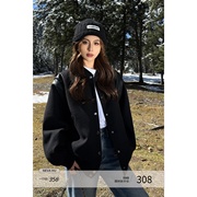 NEVA HU黑色夹棉棒球服短款外套女宽松2023冬季休闲飞行员夹克