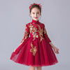 红色长袖女童旗袍晚礼服中国风花，童婚纱儿童蓬蓬纱演出服