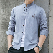 唐装衬衫男长袖中国风潮韩版修身复古中山装圆无立领简约时尚衬衣