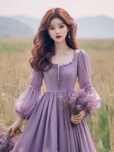 高级感在逃公主古着vintage礼服，裙2024法式小香风紫色连衣裙