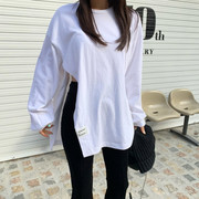韩国东大门 网红时尚中长款设计感侧面开叉贴标白色打底t恤女长袖