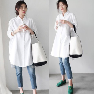 韩国东大门2024春季白色棉衬衫女宽松bf风大版中长款风搭长袖衬衣