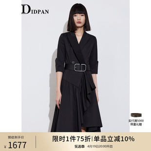 IDPAN女装商场同款通勤气质不对称西装戗驳领设计感中长袖连衣裙