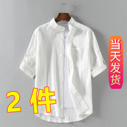 新中式纯亚麻男士七分半袖衬衫宽松休闲麻布男装棉麻布料中袖衬衣