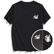 夏季精梳棉圆领T恤欧版弹力短袖休闲口袋猫咪图案印花潮牌T恤衫