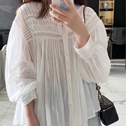 rixoparis新白色(新白色，)法式风琴褶长袖衬衫，女设计感宫廷风纯棉防晒上衣
