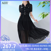 AUI黑色雪纺衬衫连衣裙女2023夏设计感气质优雅女人味中长裙