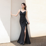 黑色气质高端礼服裙，褶皱开叉长款连衣裙，复古风2024年气质日常