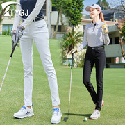 高尔夫球女士长裤保暖加绒弹力，修身中腰运动蓝色，白色防水休闲裤子