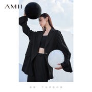Amii极简慵懒风西装女2024秋季中长款宽松显瘦外套黑色小西服