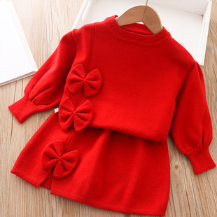 女童毛衣套装秋冬款儿童洋气针织套裙，宝宝红色毛线衣(毛线衣)短裙两件套潮