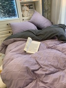 ins风简约舒适灰紫混搭水波纹被套床上用品四件套 宿舍床单三件套