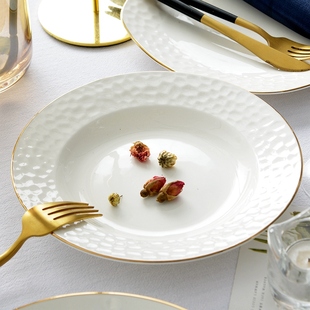 纯白金边骨瓷盘子组合家用8寸菜盘深盘平盘方盘套装唐山陶瓷餐具