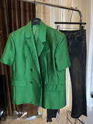 宽松阔肩绿色中袖西装外套女韩版秋摩登时尚高级感中长款短袖西服