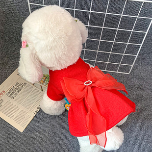 狗狗衣服新年红色带钻蝴蝶结公主，裙泰迪博美比熊幼犬小狗宠物服装