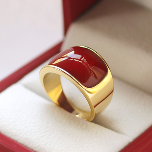 大气红玛瑙欧美时尚戒指男士霸气钛钢，镀24k金指环(金指环)宝石戒子宽扳指