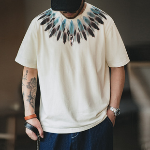 马登工装美式复古重磅印第安羽毛印花短袖，做旧宽松民族风t恤男夏