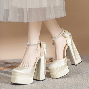 气质名媛白色方头超高跟鞋仙女，风粗跟一字带法式厚底玛丽珍珠单鞋