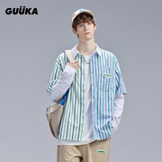 GUUKA假两件拼接条纹长袖衬衫男伯远同款 青少年嘻哈衬衣外套宽松
