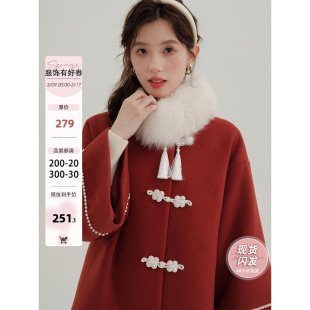 木易易新中式女装秋冬毛呢外套，女千金小个子过年战袍，红色呢子大衣