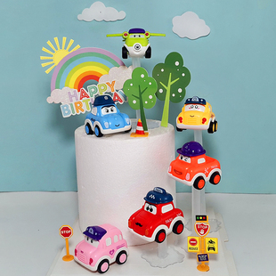 6个装卡通带帽小汽车蛋糕装饰摆件 彩色粉蓝红黄绿橙色回力飞机车