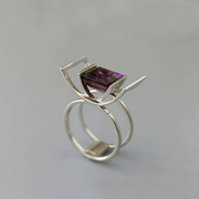 设计师首饰925纯银高级感气质，时髦天然紫水晶宝石中指食指戒