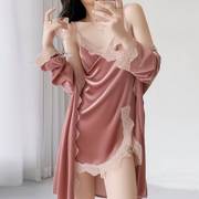 高级感丝绒吊带睡裙女秋冬季两件套装v领蕾丝性感纯欲风睡衣粉色