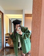 直邮韩国2024春装，小众设计感棕色拼色领军绿色工装外套