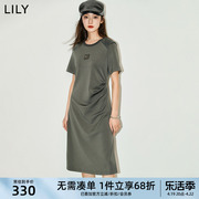 lily2024夏女装(夏女装，)设计感褶皱气质，通勤款休闲复古显瘦收腰连衣裙