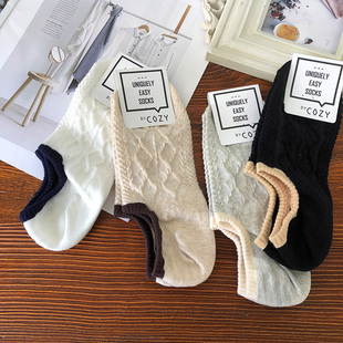 东大门袜子女船袜韩国进口COZY拼色边纯色浮雕菱格隐形袜薄棉防滑
