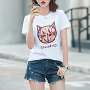 纯棉短袖t恤女宽松圆领图案印花韩版夏季简约显瘦白色上衣ins