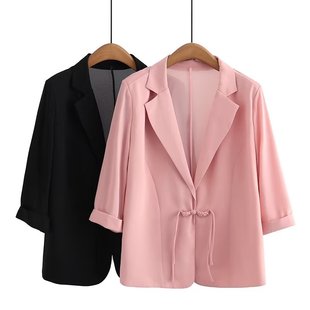 粉色七分袖西装外套女夏季薄款设计感小众气质盘扣大码西服上衣