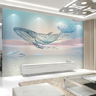 鲸鱼轻奢沙发电视背景墙，壁布3d客厅立体壁画，简约现代大气壁纸