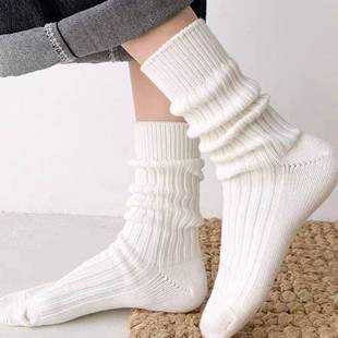 粗线袜子女中筒纯色纯棉春秋，款余文乐男士长袜冬季日系运动堆堆袜