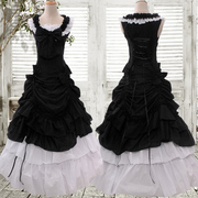 哥特式洛丽塔lolita洋装荷叶边黑白色无袖棉，连衣裙cosplay服装女
