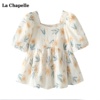 拉夏贝尔lachapelle夏季方(夏季方)领泡泡袖，碎花衬衫女短袖小衫上衣