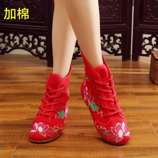 老北京布鞋秋冬民族风绣花鞋，内增高棉靴，系带女鞋高帮单靴加绒棉鞋