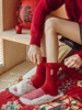 本命棉线针织大红色龙年棉小众设计刺绣中筒堆堆袜子