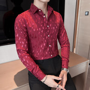 轻奢男士个性菱形图案衬衫，百搭酒红修身长袖春季潮男时尚寸衣长袖