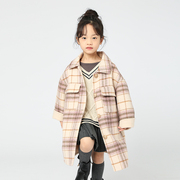 康衣儿女童羊毛呢子大衣韩版洋气，中长款格子尼，外套中大童小女孩