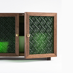 黑胡桃木小柜子复古风绿色，压花玻璃门双开门燕尾榫榫卯结构储物柜