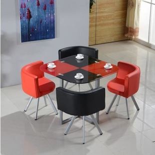 厂促简约办公接待会客洽谈桌椅组合钢化玻璃一桌四椅圆形餐桌奶茶