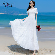 夏季白色雪纺碎花连衣裙女长款到脚踝气质显瘦减龄沙滩超长大摆裙