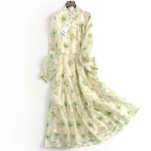 绿色水墨印花高腰显瘦立领，旗袍裙新中式国风长袖女长裙连衣裙m189