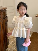 韩系女童纯棉飞袖衬衫娃娃，衫牛仔喇叭裤，7分裤叠穿带网纱腰裙夏装