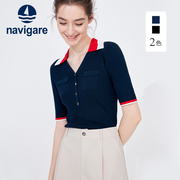 navigare意大利小帆船蓝色，休闲针织短袖，t恤女夏季撞色翻领体恤衫
