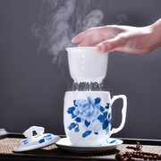 千红窑手绘茶杯陶瓷带盖内胆，过滤水杯茶水，分离泡茶杯办公家用杯子
